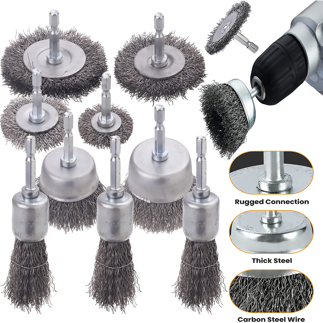 Wire Brush Wheel Cup Brush Set, 9 Pieces Wire Brush for Drill 1/4 Inch  Shank, Coarse Brass Coated Crimped Wire Brushes for Cleaning Rust, Flakes  and