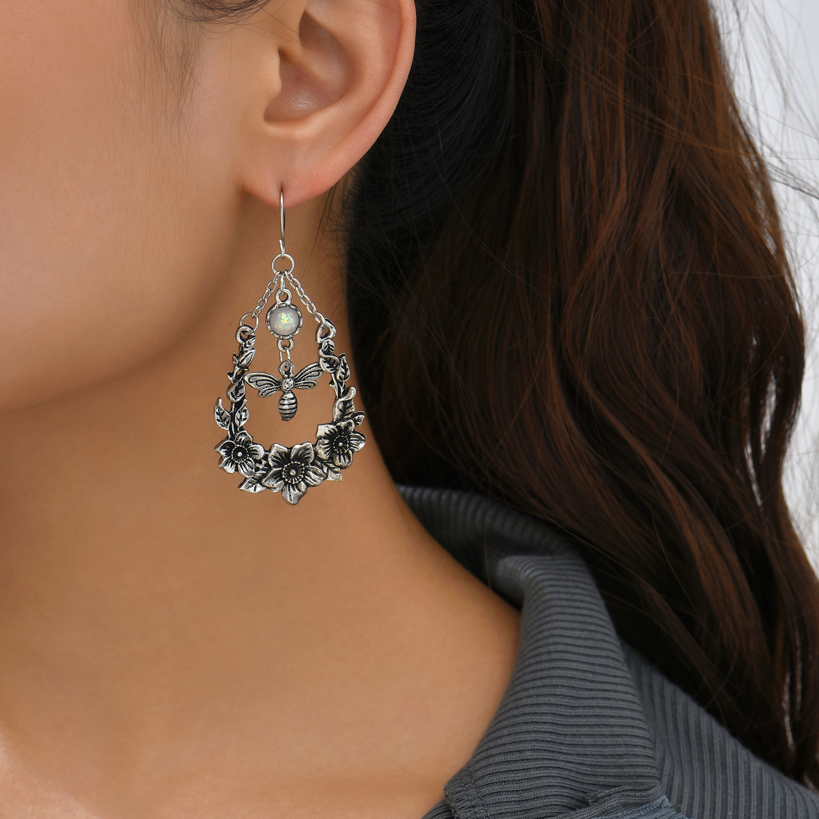 Bee Flower Pendant Drop Earrings Hollow Water Drop Shape Temu