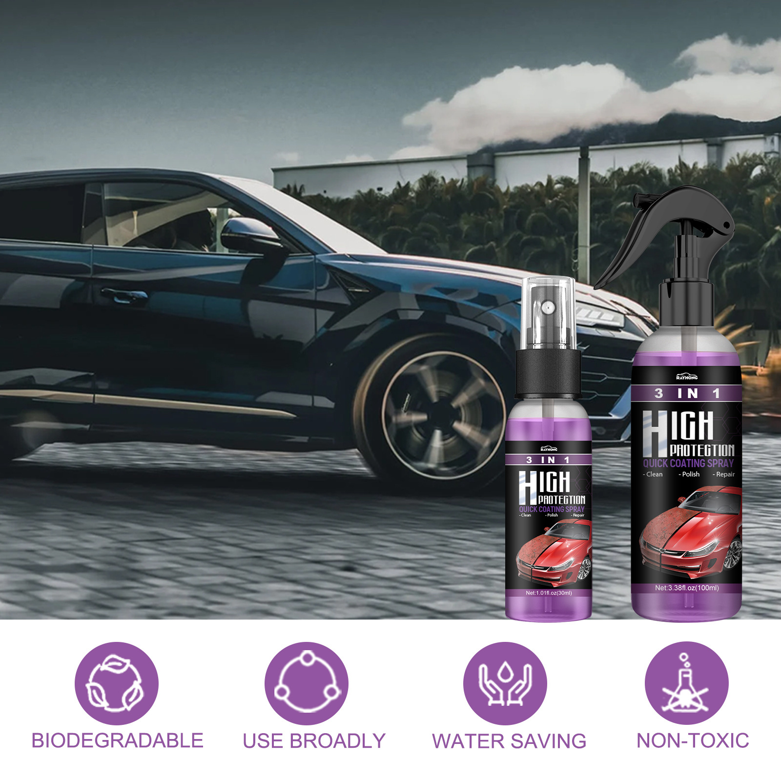 3in1 High Protection Quick Car Coating Spray Rayhong automatic hand paint  color change cleaning coating spray 100ml x1x2x4pcs