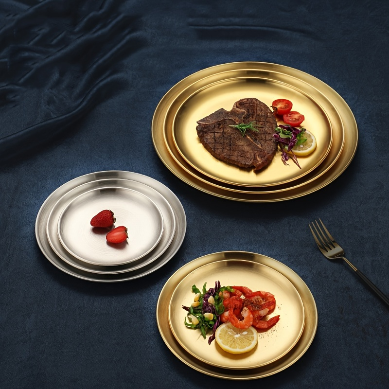 

1pc Korean Style Stainless Steel Bbq Meat Plate - Gold Plated Cake And Dessert Serving Plate For Fruits And Snacks