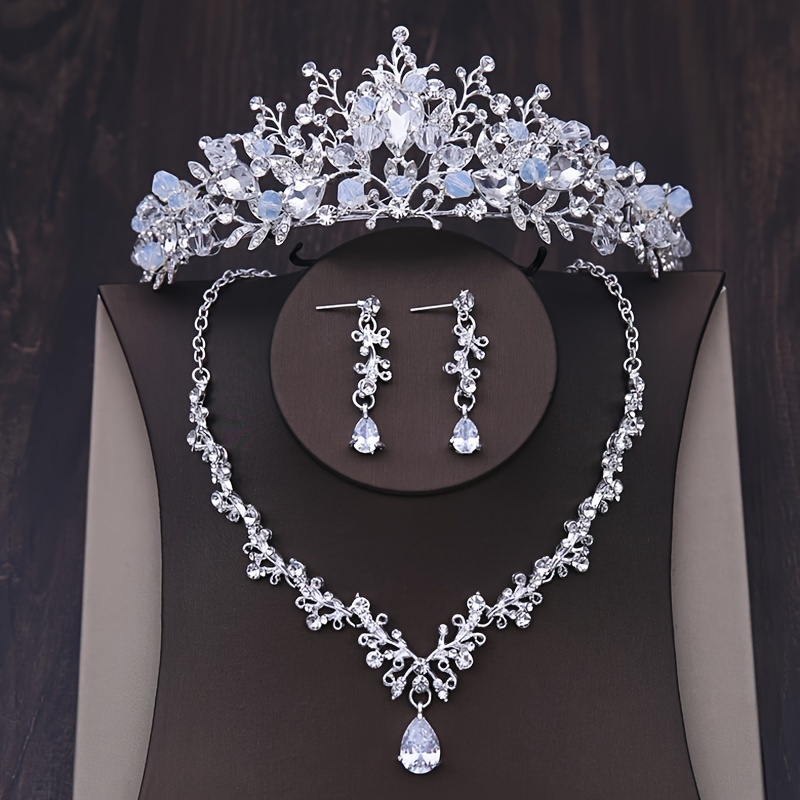 3pcs Luxury Silvery Crystal Bridal Jewelry Set Rhinestone Tiara Crown Necklace Earrings Set Hair Accessories,Women's Jewelry,Temu