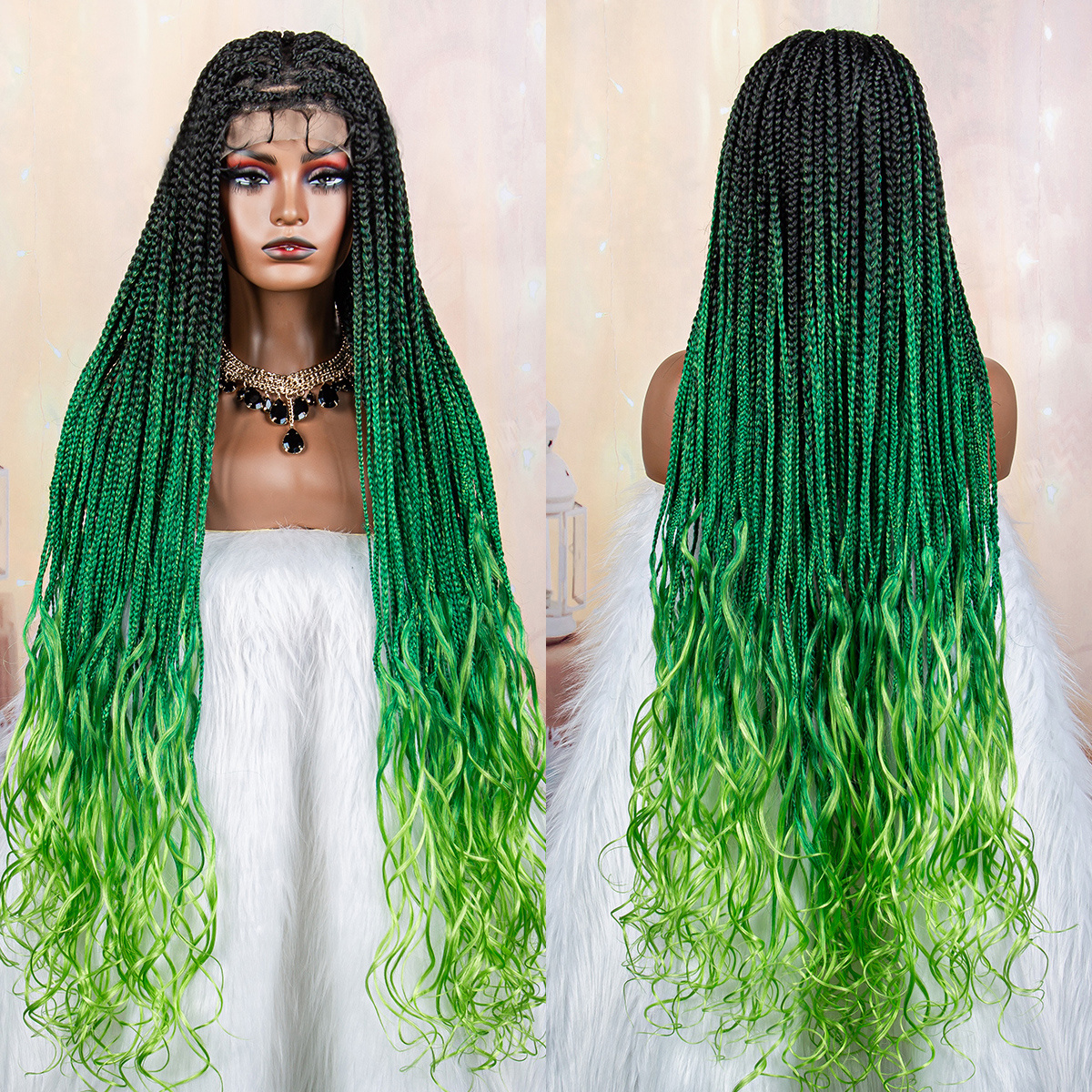 Healthy&Beauty 36 Inch Synthetic Braided Hair Darkgreen/Green Box Braids  With Curly Hair Ends