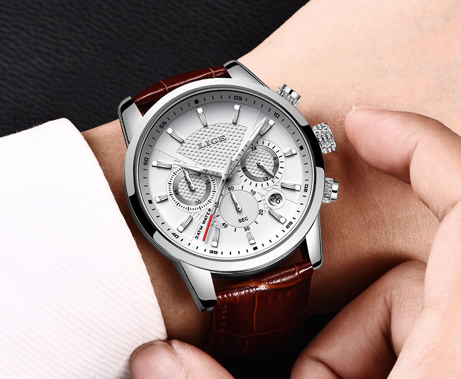 watches mens 2022   top brand luxury casual leather quartz mens watch business clock male sport date chronograph details 9