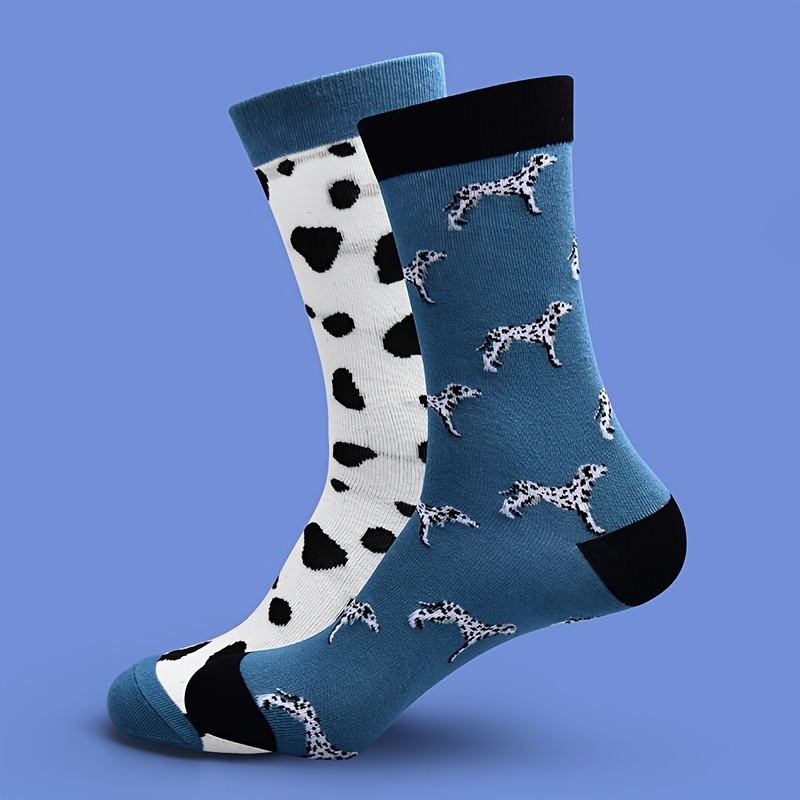 

1pair Men's Dalmatian Print Cotton Crew Socks, Casual Breathable Soft Comfortable Socks