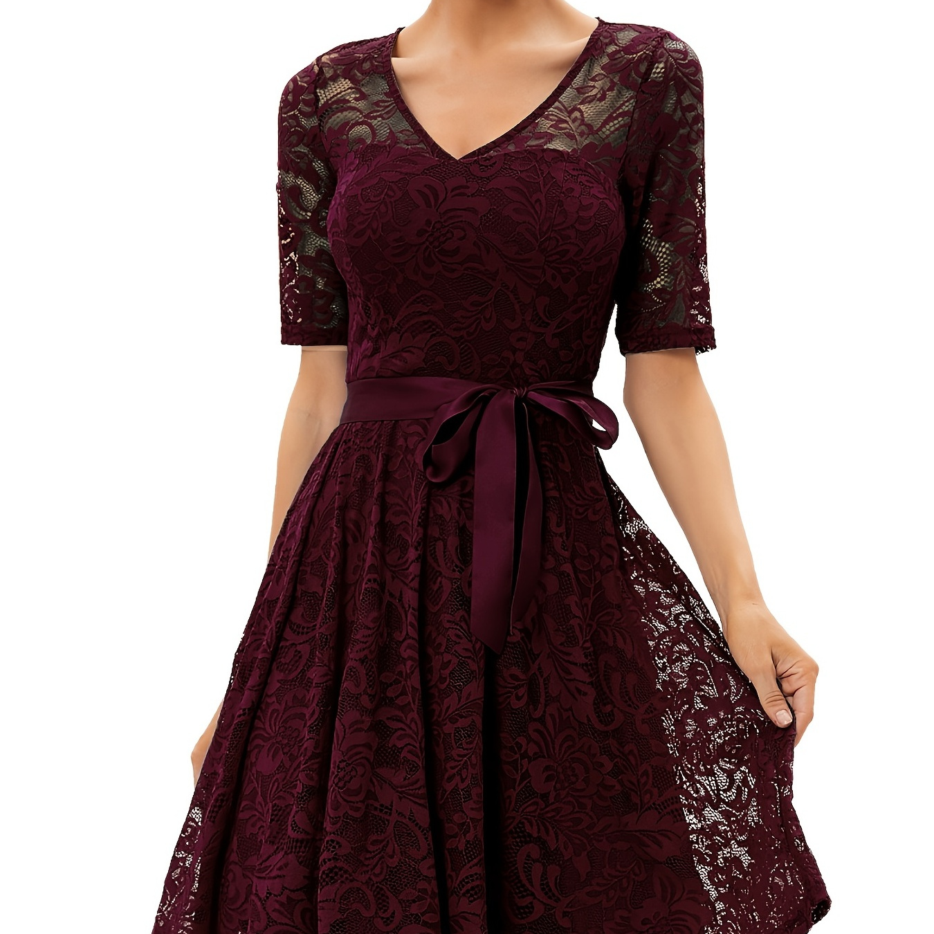 Solid Contrast Lace Dress Elegant V Neck Sleeve Party A - Temu