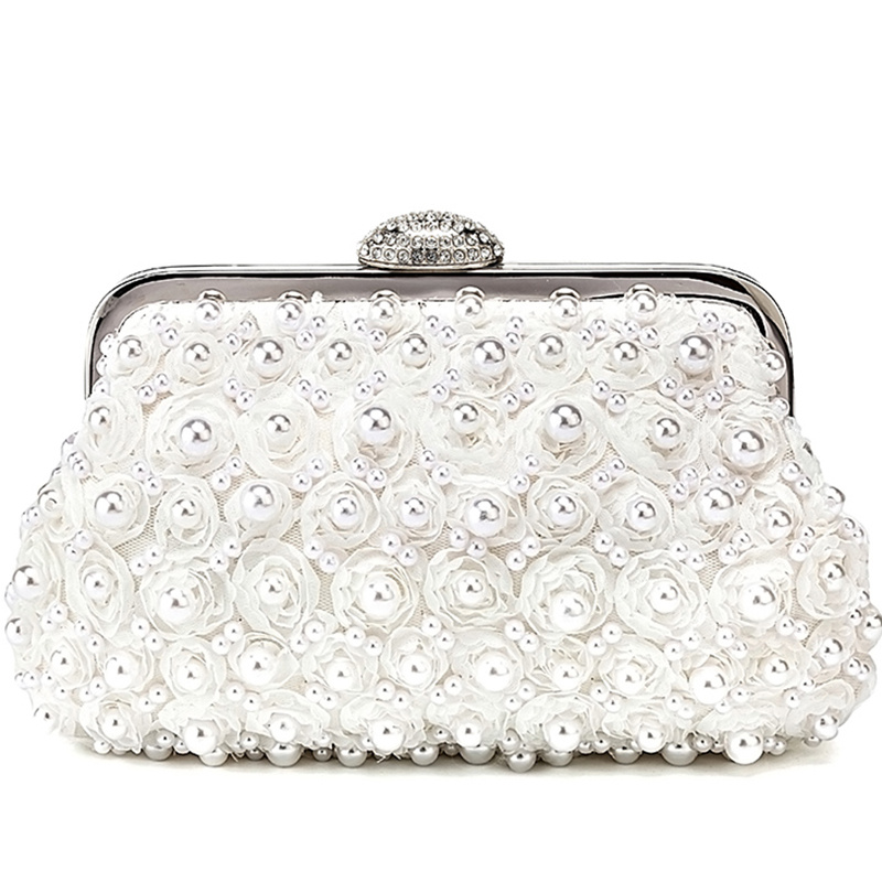 White Flower Pearl Clutch Purse Ladies Rhinestone Evening Purse