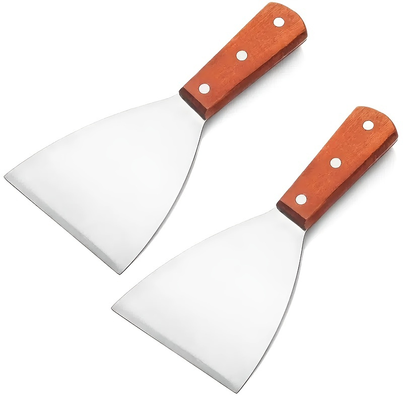 

2pcs Stainless Steel Frying Shovel, Plain Scrapper With Wooden Handle, Pizza Shovel, Steak Shovel, Diagonal Shovel, Kitchen Tools, Large