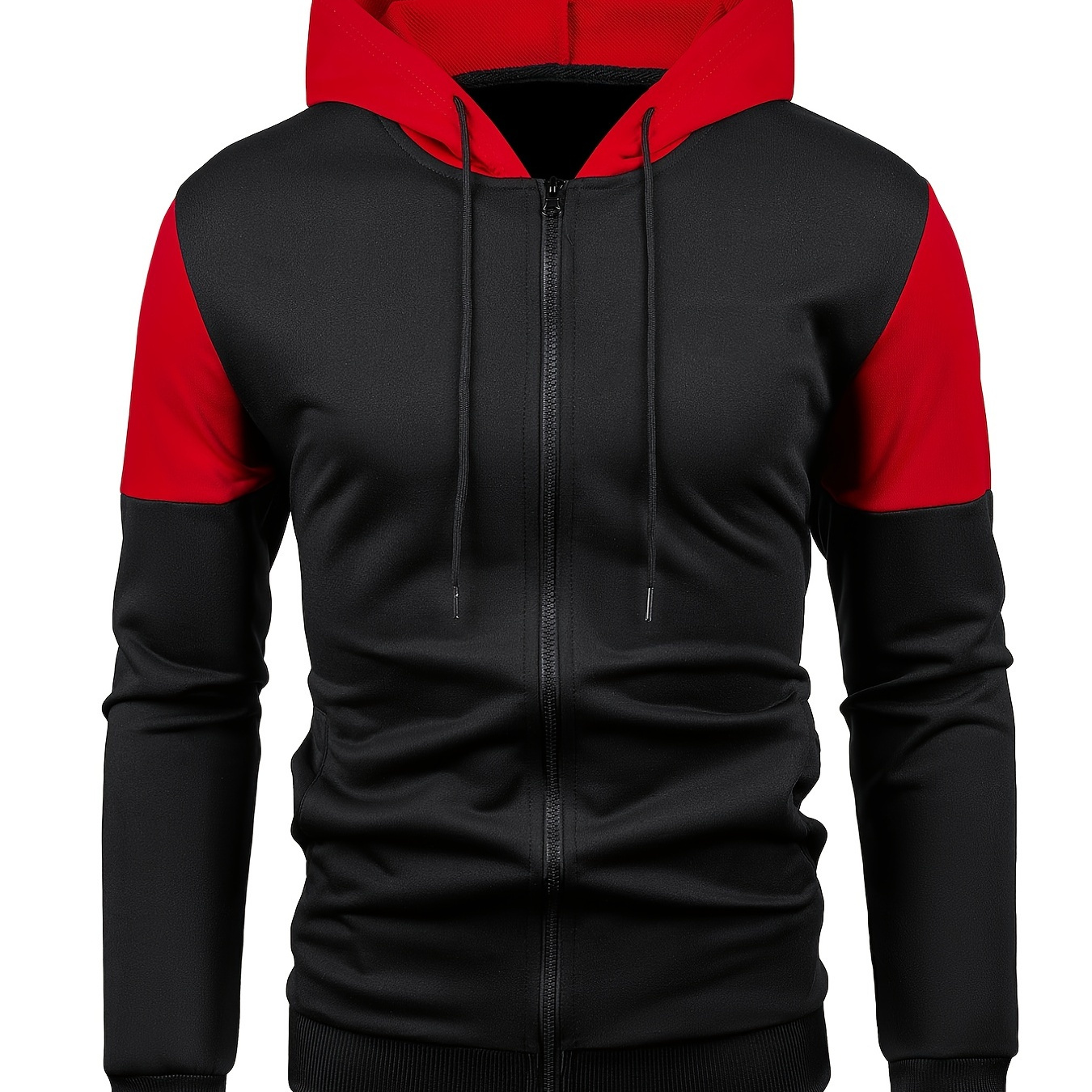 Zip Up Sports Hoodie, Men's Drawstring Contrast Color Casual Slim Fit Hoodie