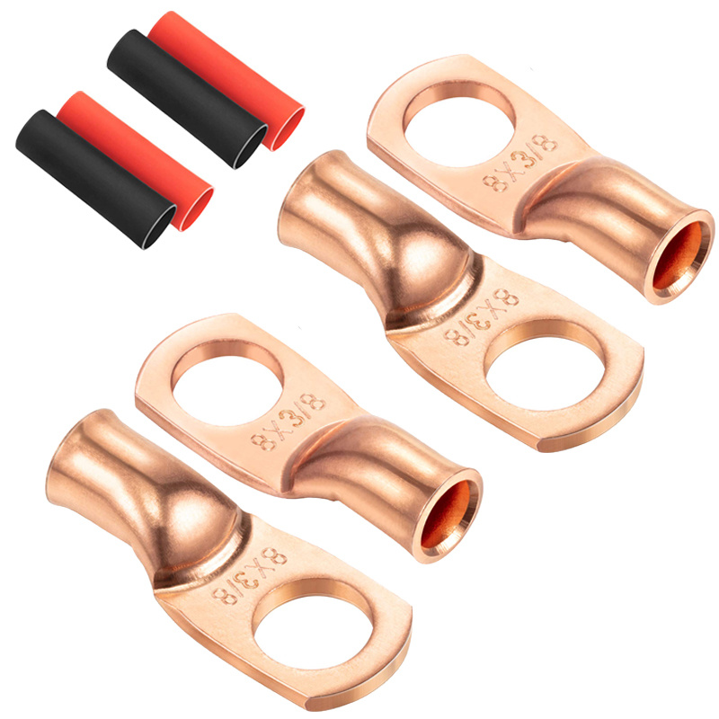 10 Pcs Copper Wire Lugs 8 Gauge 8 AWG 3/8 Inch Stud Ring terminals Heavy  Duty Copper Crimp Lugs Welding Cable Bare Copper Eyelet Lug with 10pc Heat