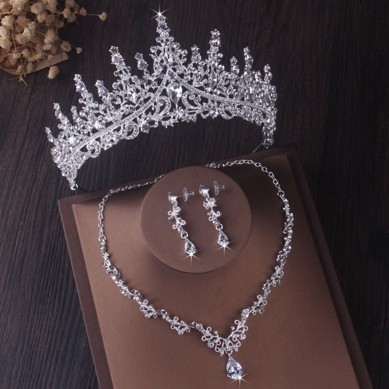 3pcs Luxury Silvery Crystal Bridal Jewelry Set Rhinestone Tiara Crown Necklace Earrings Set Hair Accessories,Women's Jewelry,Temu