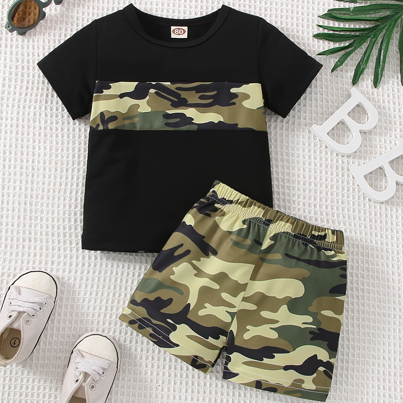 

2pcs Baby Boys Casual Camouflage Round Neck Cotton T-shirt & Shorts Baby Summer Clothes