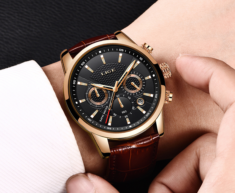 watches mens 2022   top brand luxury casual leather quartz mens watch business clock male sport date chronograph details 12