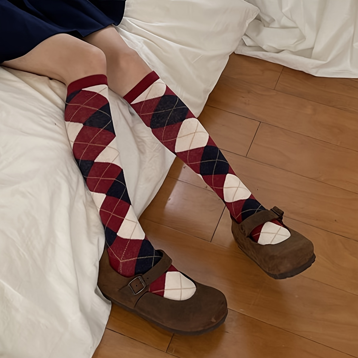 2pairs Women's Brown British Style Plaid College Casual Mid-calf Socks,  Suitable For Daily Wear