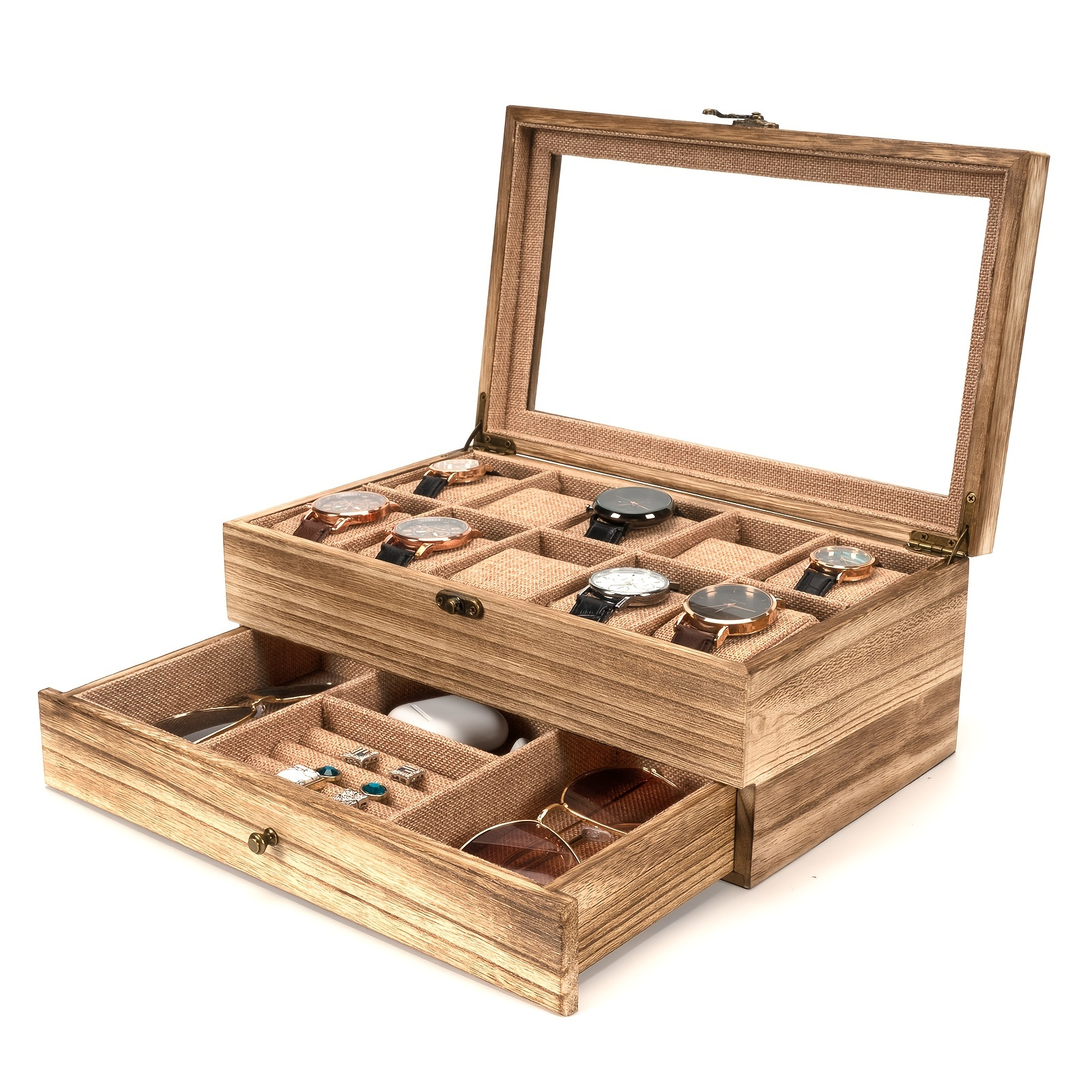 Emfogo Watch Box - 10 Slot Watch Case For Men Women, Wooden Watch Holder Organizer Display For Mens, Gift For Boyfriend Fathers Day Birthday Gifts (Rustic Brown)