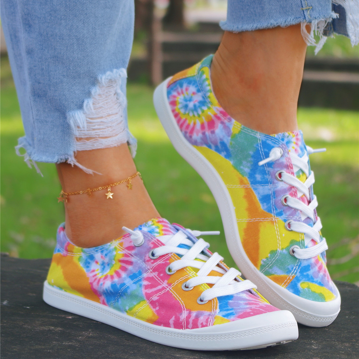 Flowers Print Canvas Round Toe Canvas, Women's Tie Colorful Lace Up Casual Top Shoes Sneakers,Women Tennis Shoes,Temu