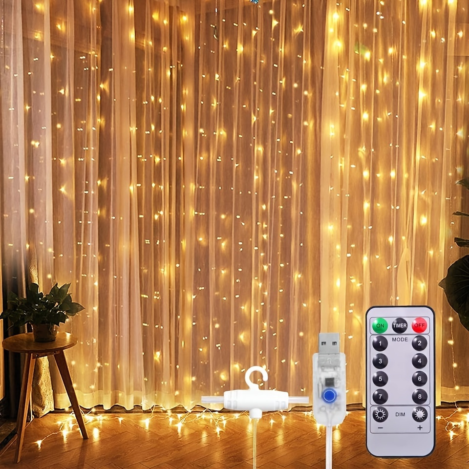 

1pc Curtain Lights, 300 Led Curtain Fairy Lights With Remote, 8 Modes 9.8 × 9.8 Ft Curtain String Lights, Waterproof, Usb Plug In, Copper Wire Lights For Bedroom Window Chrismas Wedding Party