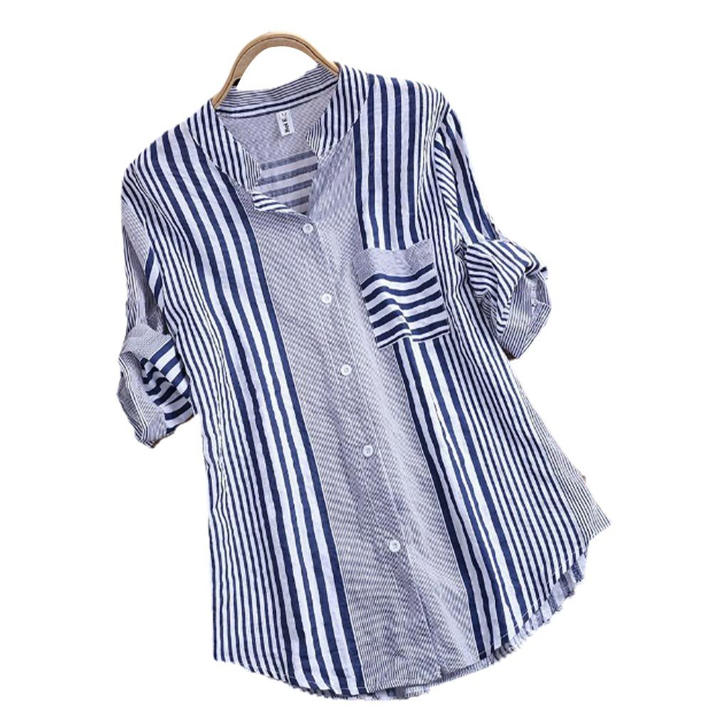 Button Lapel Printed Casual Blouse
