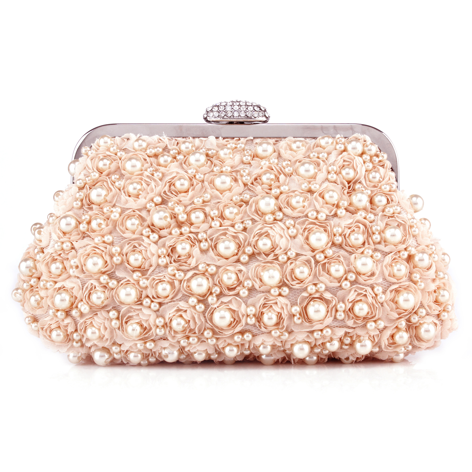 Champagne Flower Pearl Clutch Purse Ladies Rhinestone Evening