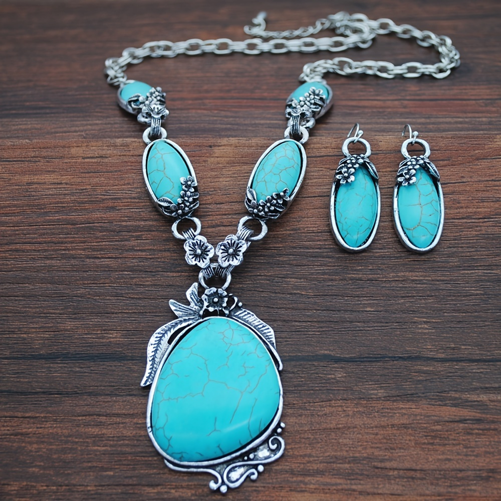 

Vintage Turquoise Necklace Big Pendant Dangle Earrings Women Fashion Boho Jewelry
