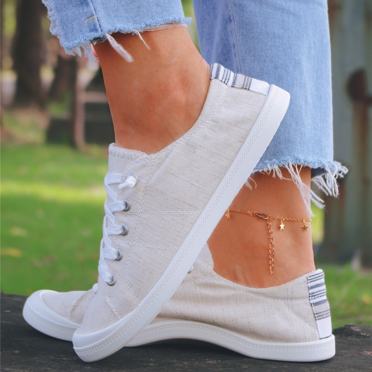 Womens White Canvas Sneakers Low Top Lace-up Canvas