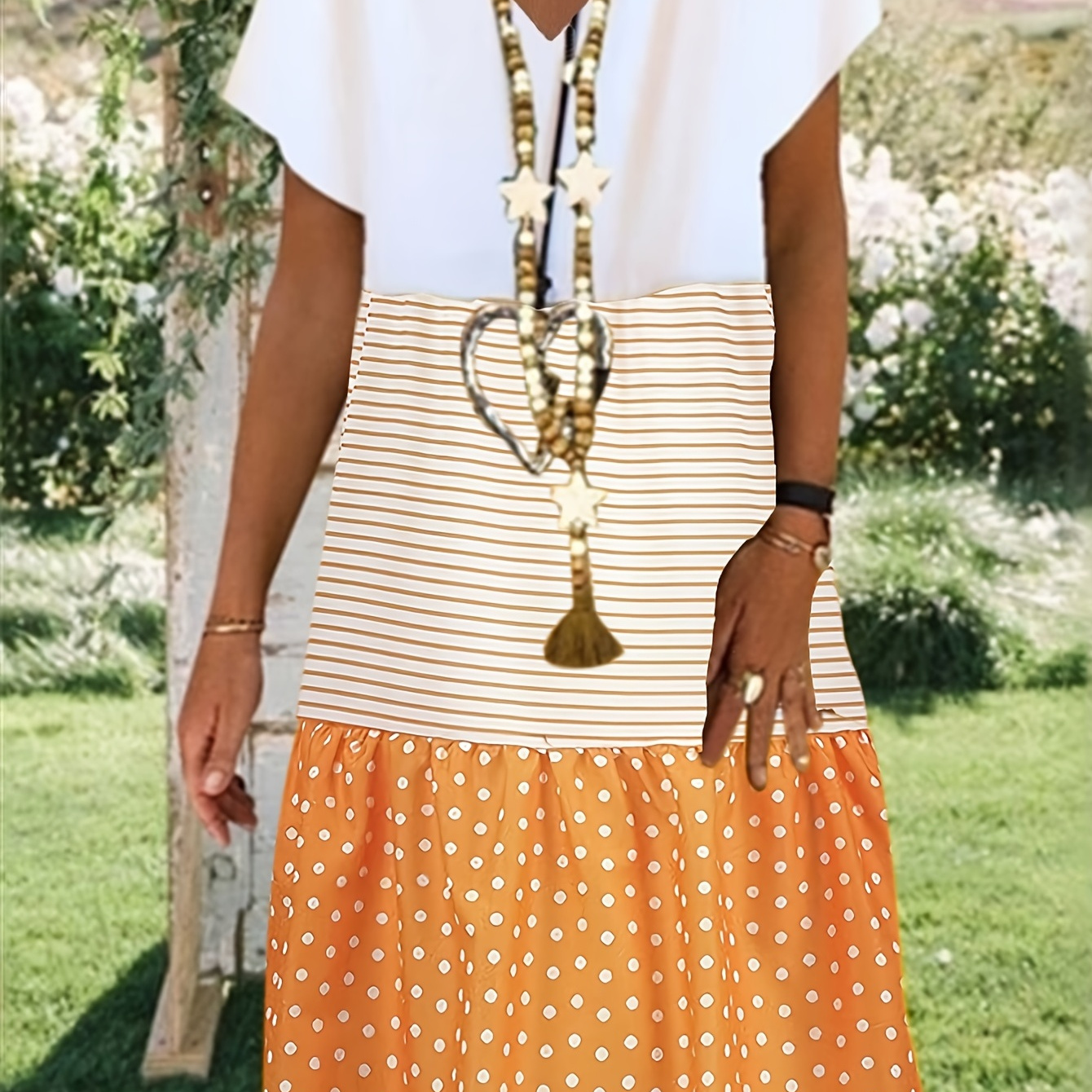 

Striped Polka Dot Stitching Dress, Basic V Neck Short Sleeve Flared Dress, Women's Clothing