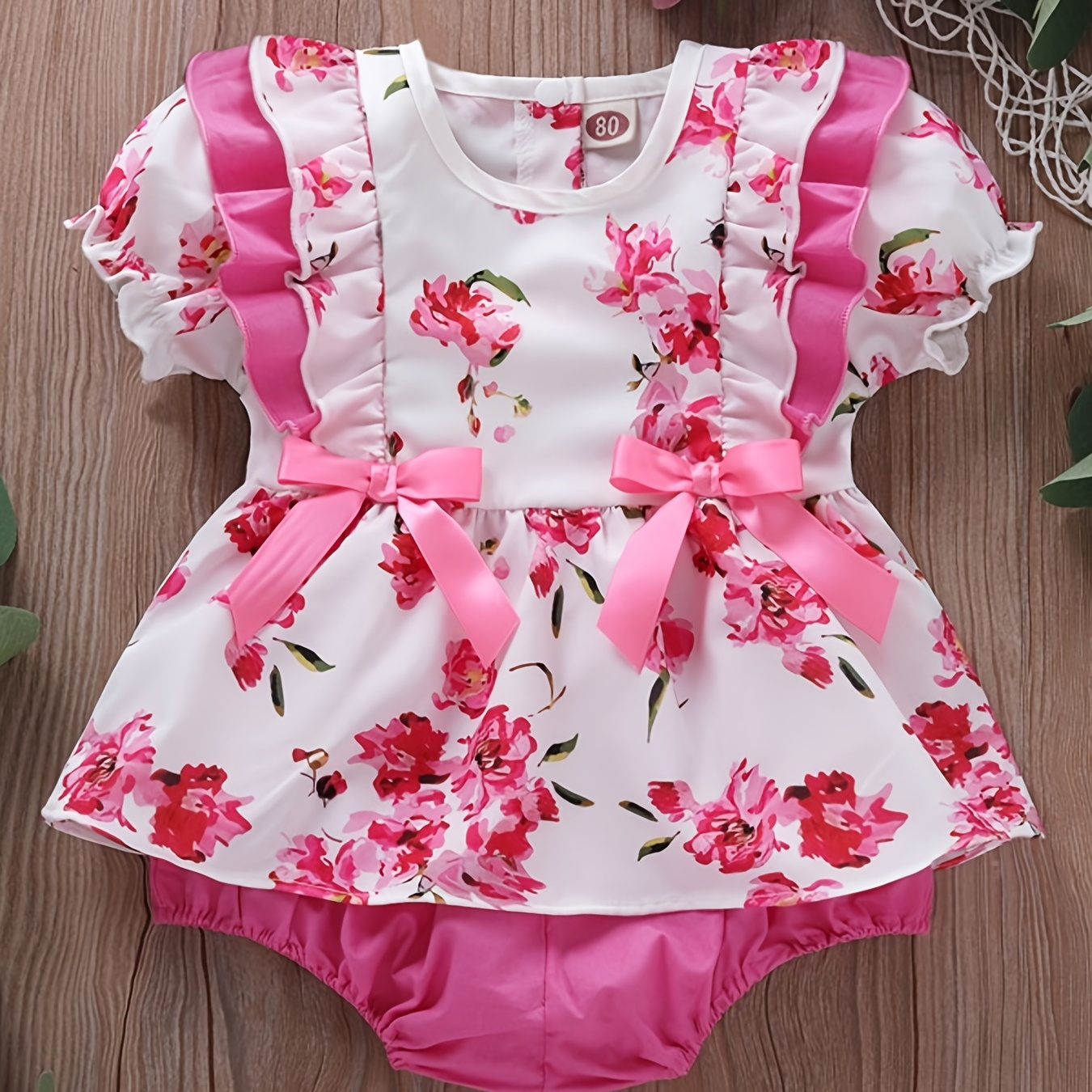 

Baby Girls Elegant Cute Romper With Flower Print Bow Decoration For Summer Party