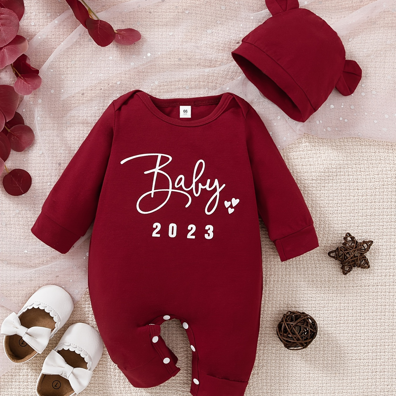 

2 pcs Barboteuses pour nouveaux nés « bébé 2023 » imprimé à manches longues ras du cou ensemble combinaison et bonnet à oreilles d'ours pour bébé fille tout petit vêtements