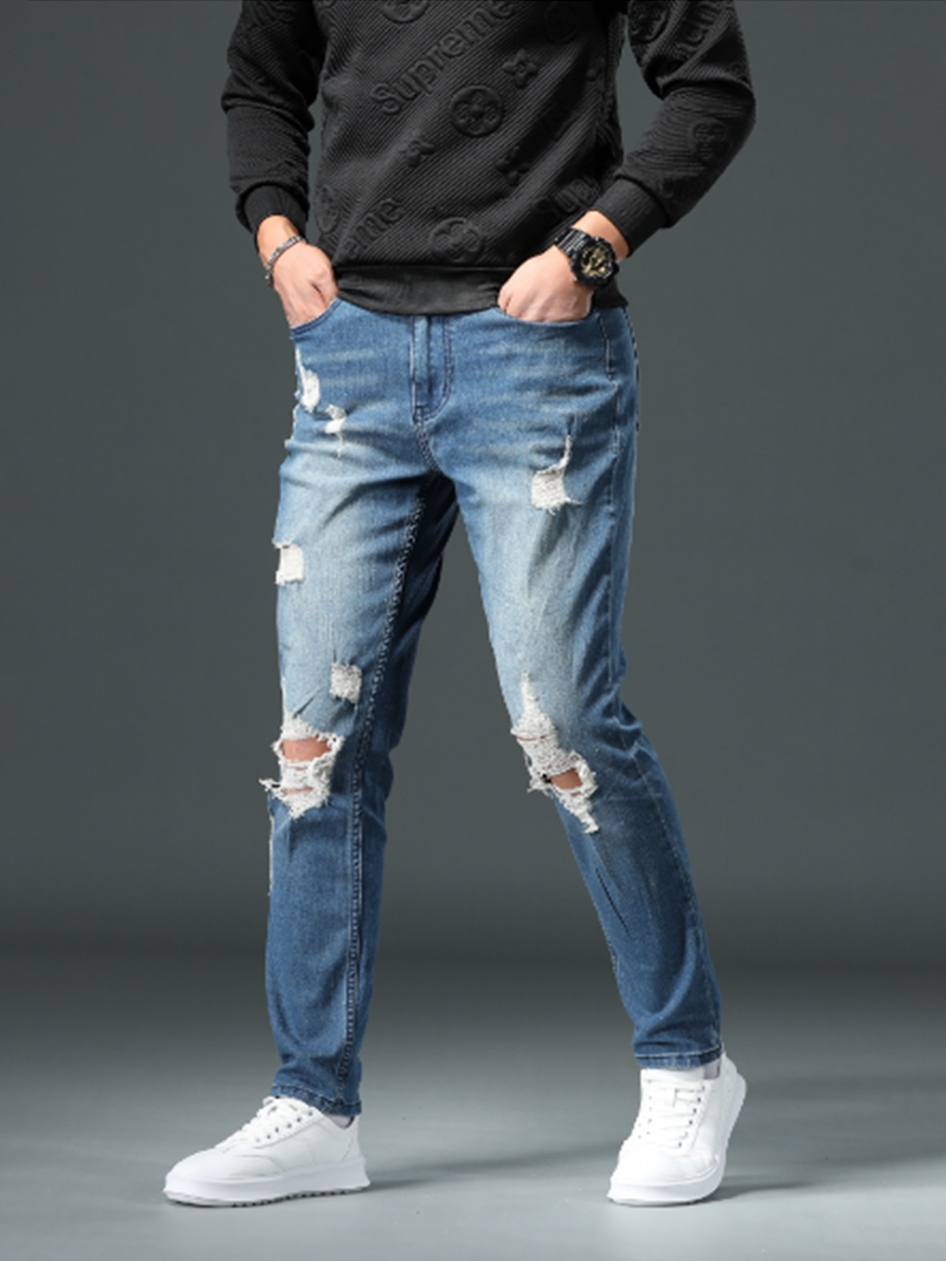 Men's Retro Slim Fit Ripped Cotton Jeans - Temu