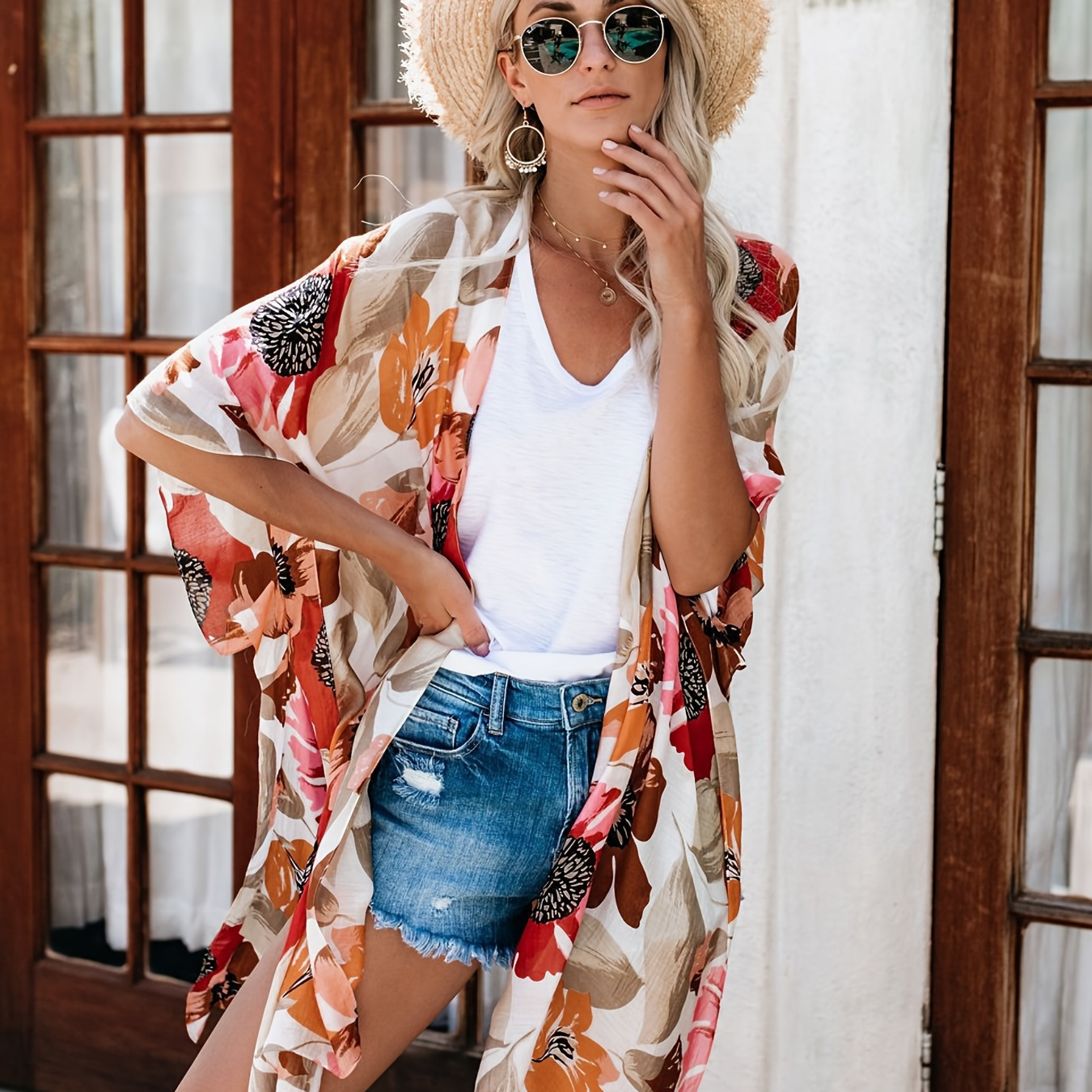 Floral Print V Neck Chiffon Blouse, Half Sleeve Split Loose Fit Casual Beachwear Cover Up Shirt, Women's Swimwear & Clothing