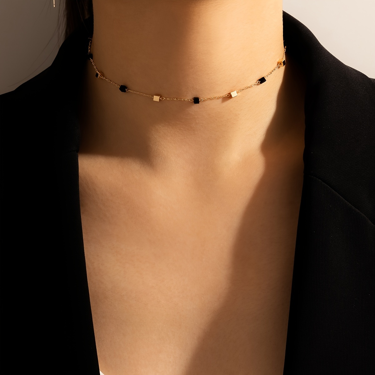 

Dainty Choker Necklace With Square Shape Beads Adjustable Neck Chain Simple Short Clavicle Chain