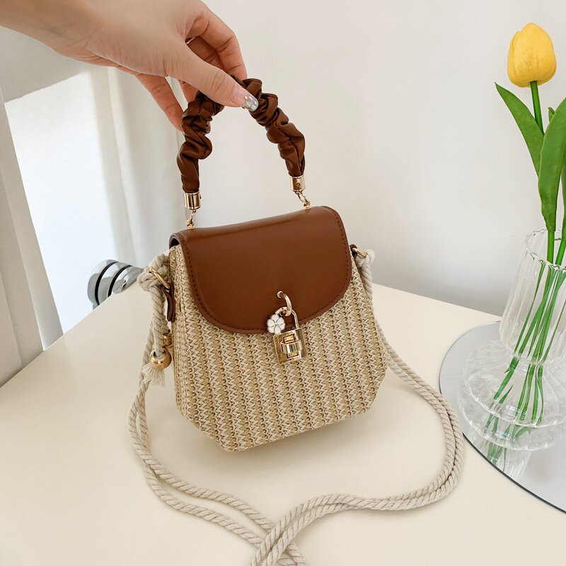 Mini Flap Square Straw Bag, Ruched Top Handle Box Bag, Stylish Twist Lock  Shoulder Purse With Braided Strap - Temu
