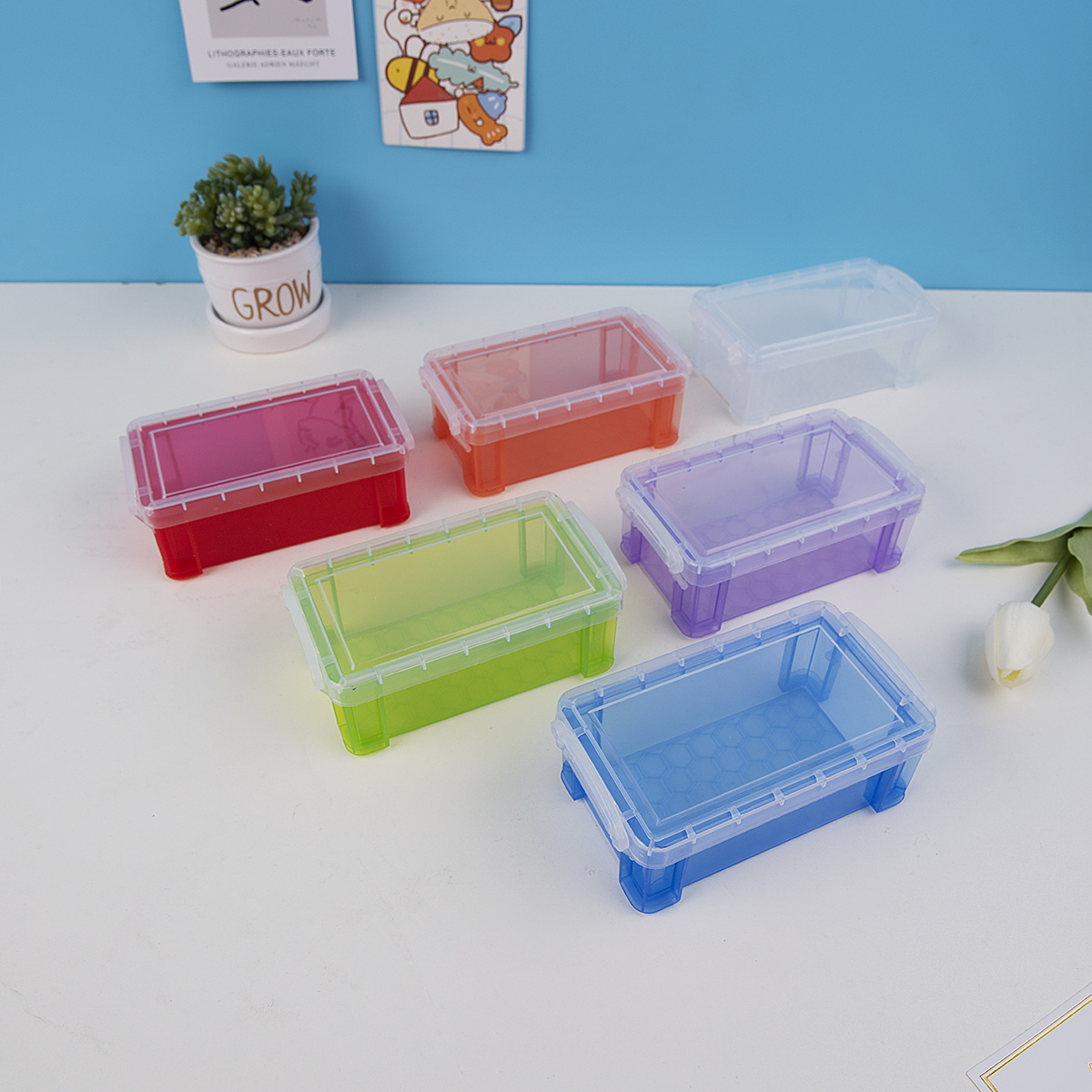 Plastic Storage Box, Candy Color Desktop Storage Container With