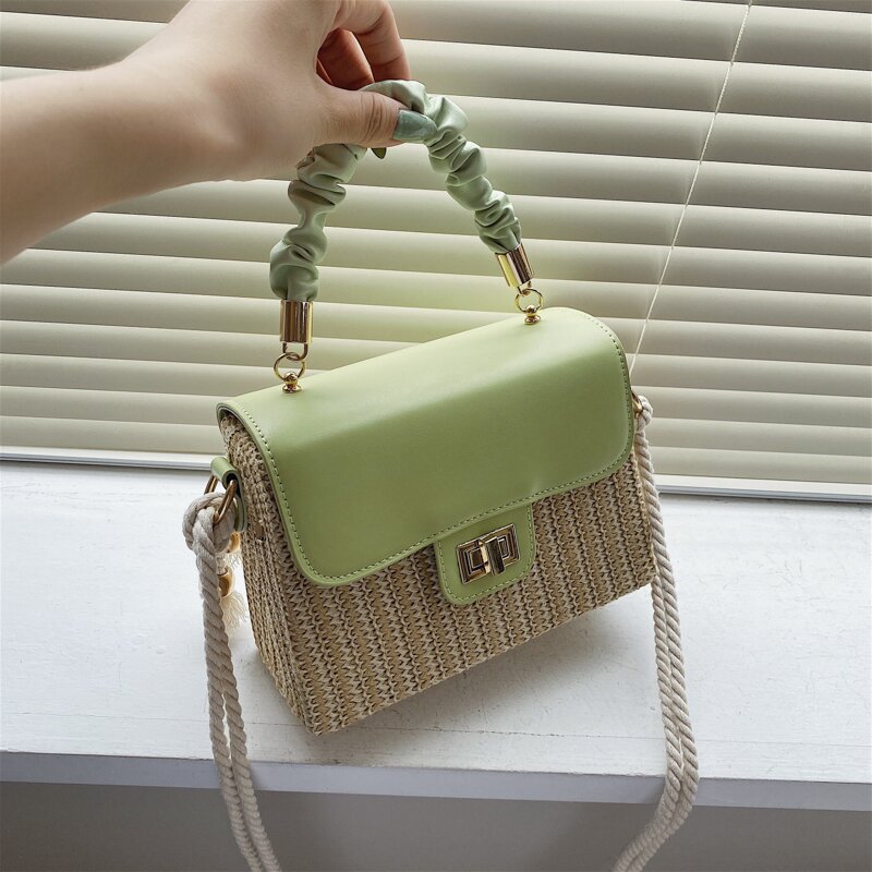 Mini Flap Square Straw Bag, Ruched Top Handle Box Bag, Stylish
