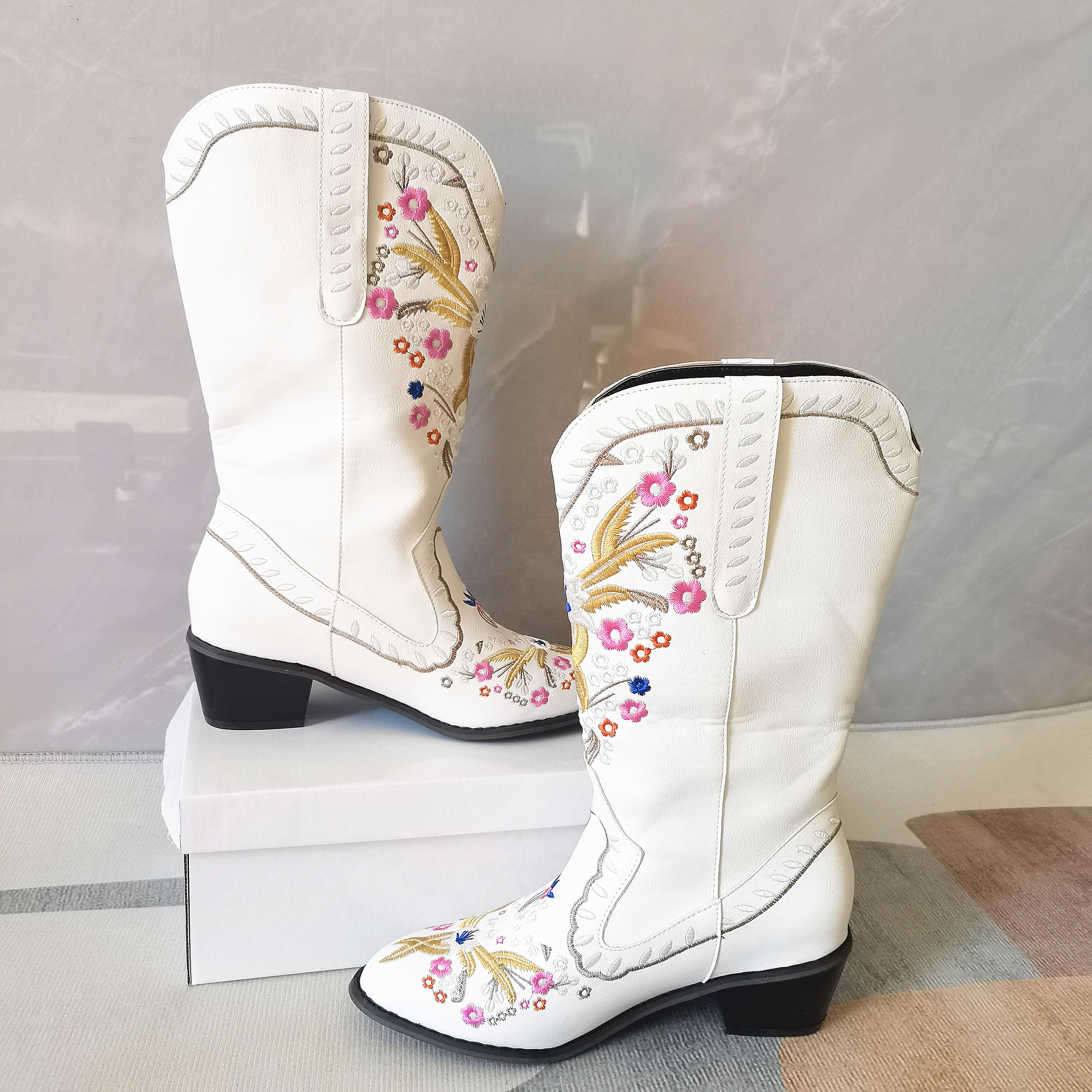 Women's Floral Embroidered Calf Boots V cut Block Heel Temu United