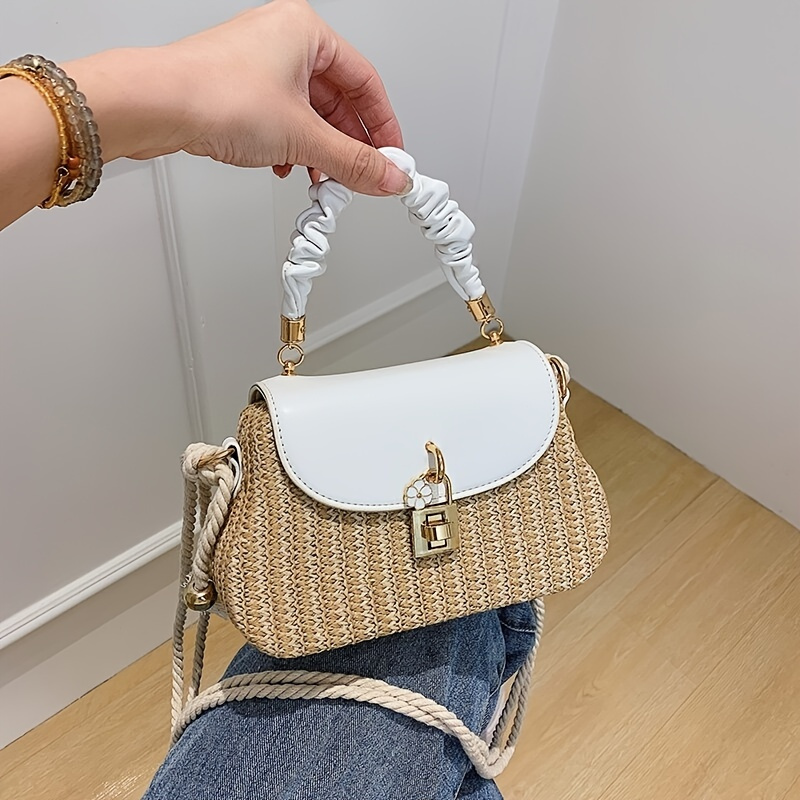 Mini Flap Square Straw Bag, Ruched Top Handle Box Bag, Stylish Twist Lock  Shoulder Purse With Braided Strap - Temu