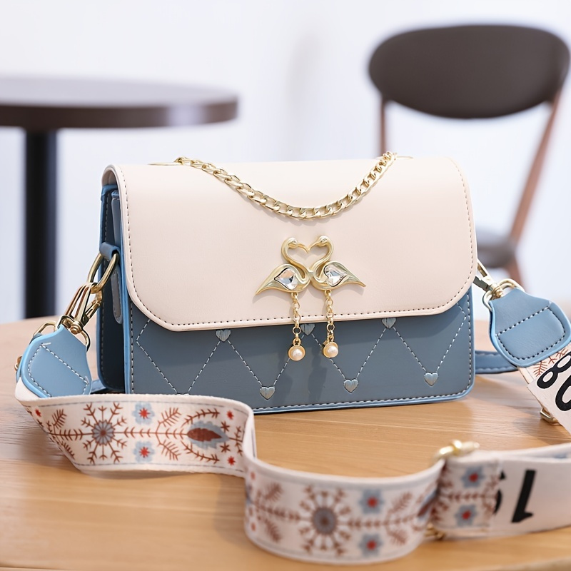 Embroidery Detail Flap Square Bag, Stylish Chain Decor Crossbody Purse – La  Boutique Dacula