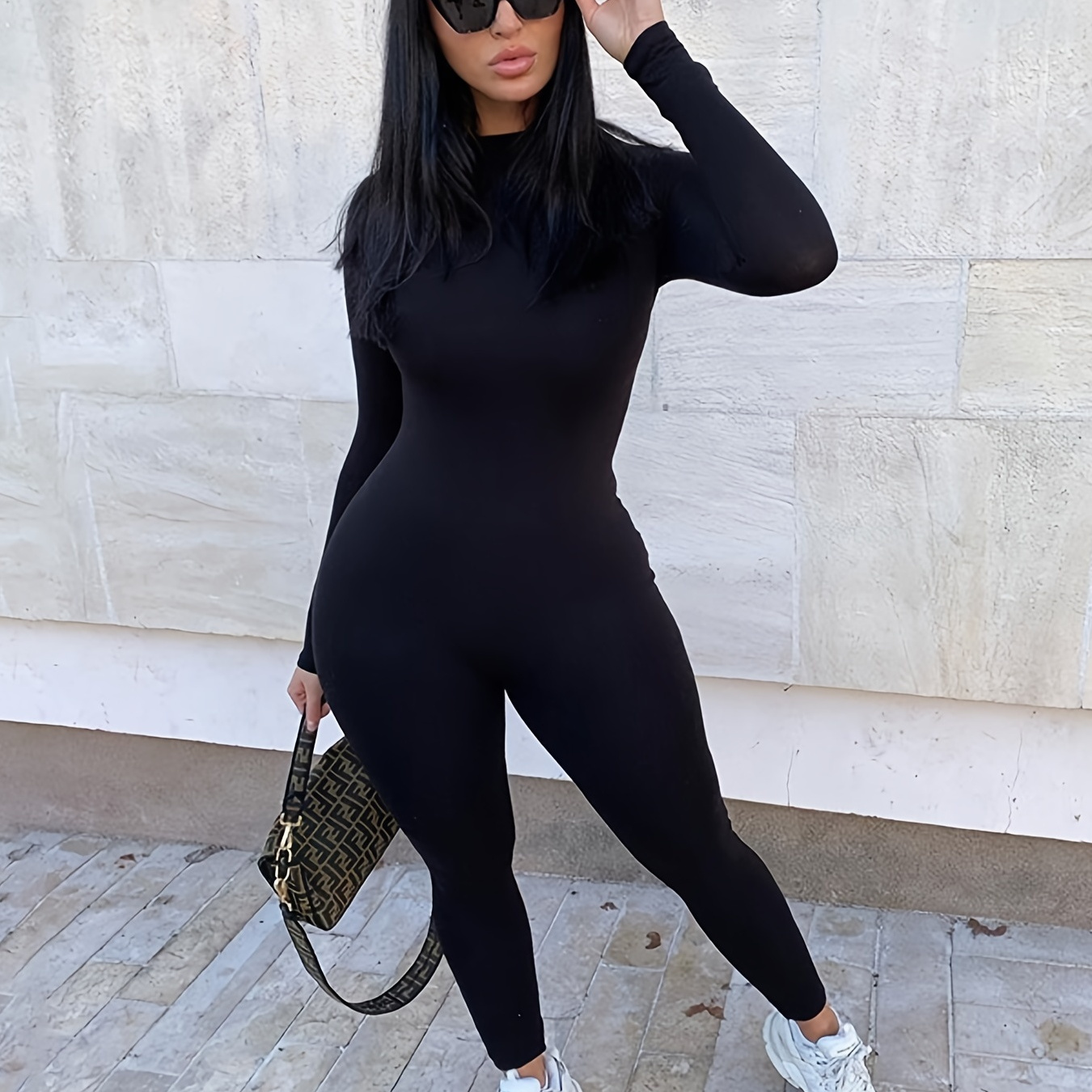 Solid Turtleneck Long Sleeve Zip Back Jumpsuit, Stretchy Skinny Casual Long Length Jumpsuit, Women's Clothing