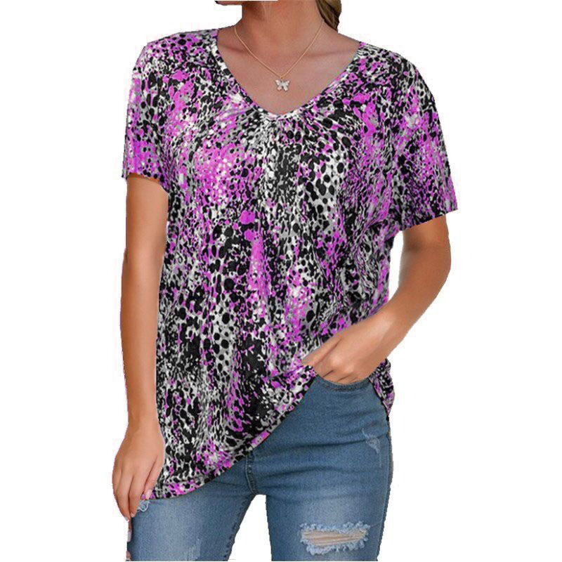 TIYOMI Plus Size 5X Shirts For Women Cheetah Ruffle Short Sleeve Tops V  Neck Pullover Leopard Knitted Summer Tunics 5XL 26W 28W