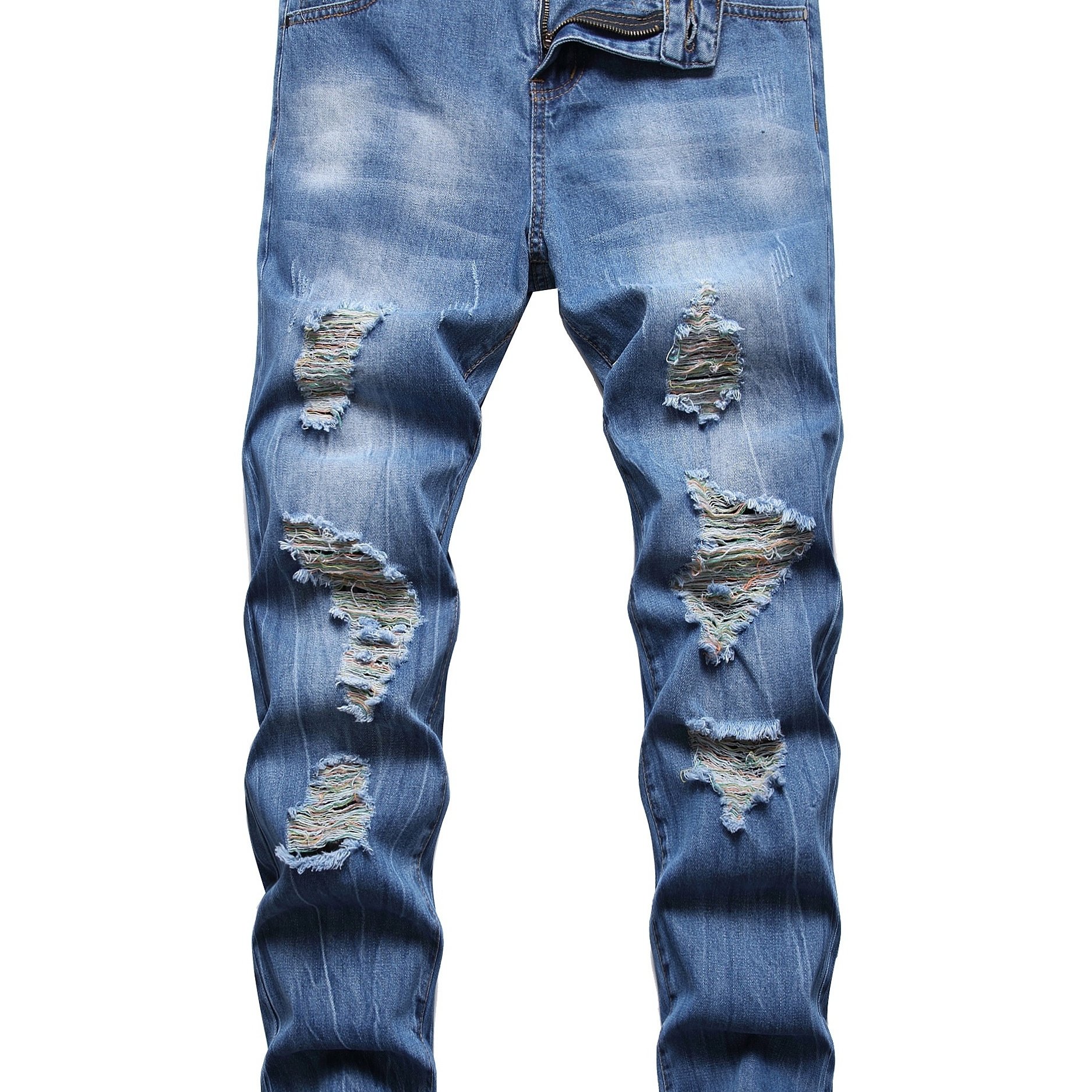 Men's Cotton Jeans Casual Slim Fit Straight Blue Ripped Jeans ...