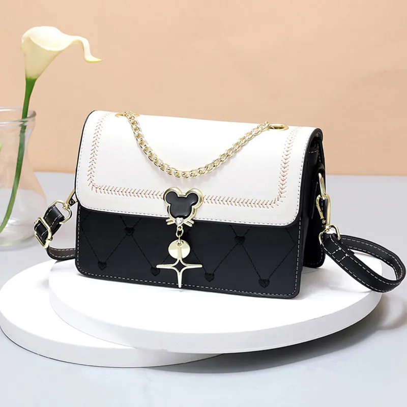 Embroidery Detail Flap Square Bag, Stylish Chain Decor Crossbody Purse With Bag Charm
