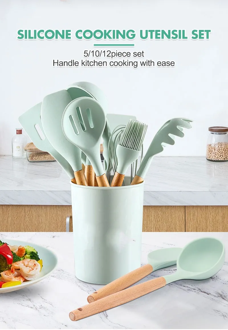Wooden Handle Silicone Kitchenware Set, Non-stick Pot Cooking