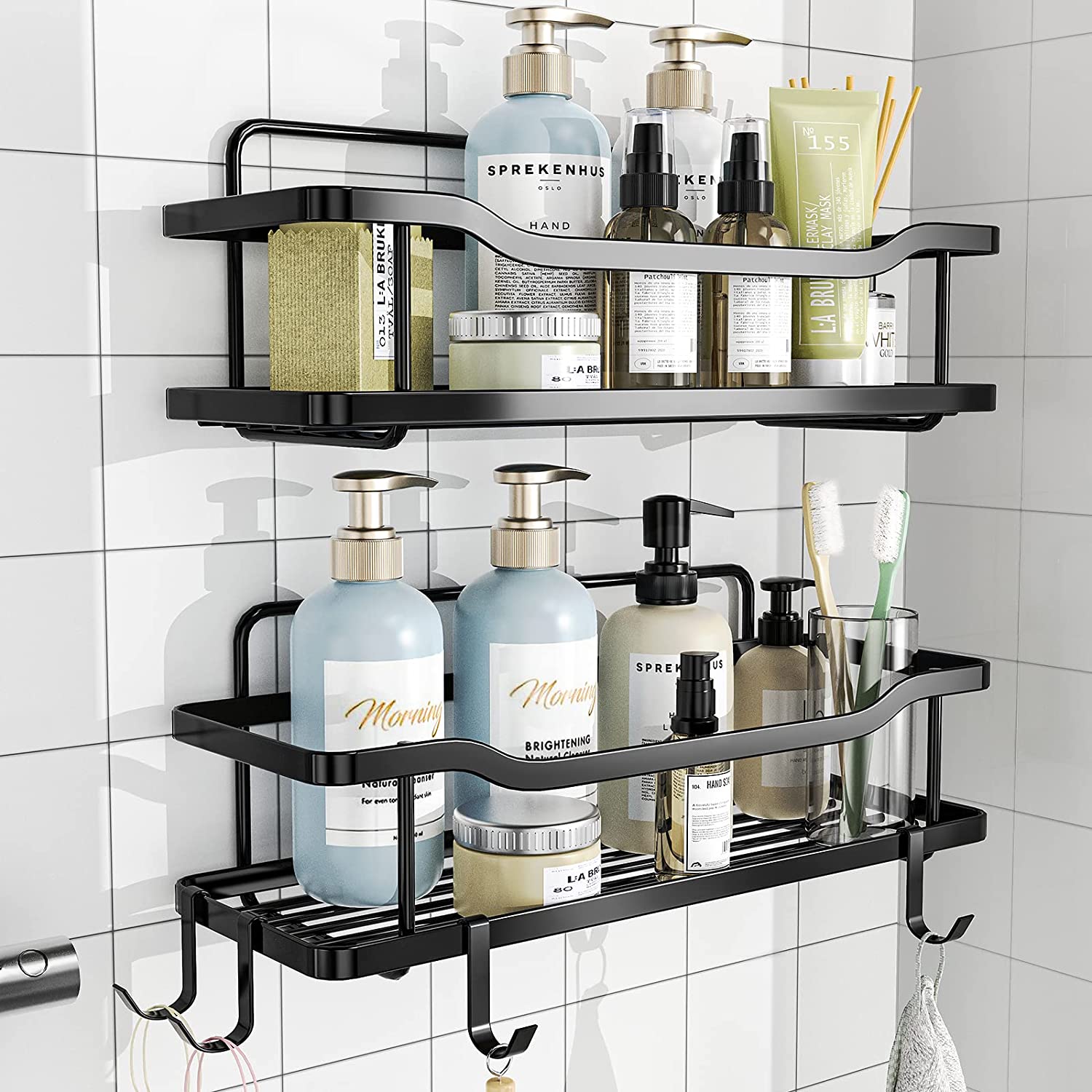 Bathroom Shower Rack With 11 Hooks For Sponge And Razor, Adhesive Shower  Caddy, Stainless Steel Shampoo Storage Shelf, Non Perforated Shower  Organizer - Temu