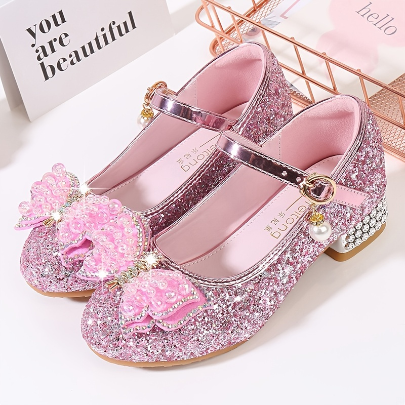 Girls Trendy Glitter Sequin High Heels Princess Shoes With Beads Butterfly Decor, Children's Lightweight Soft Sole Non-slip Performance Dress Shoes