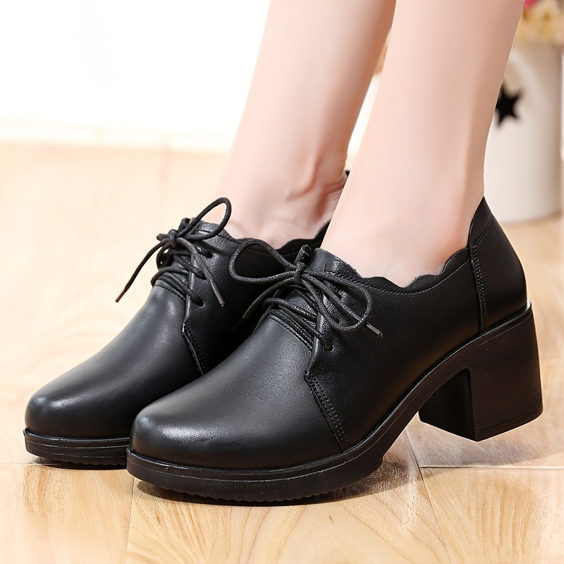 Solid Faux Leather Round Toe Shoes, Women's Block Heel Chunky High Heel ...