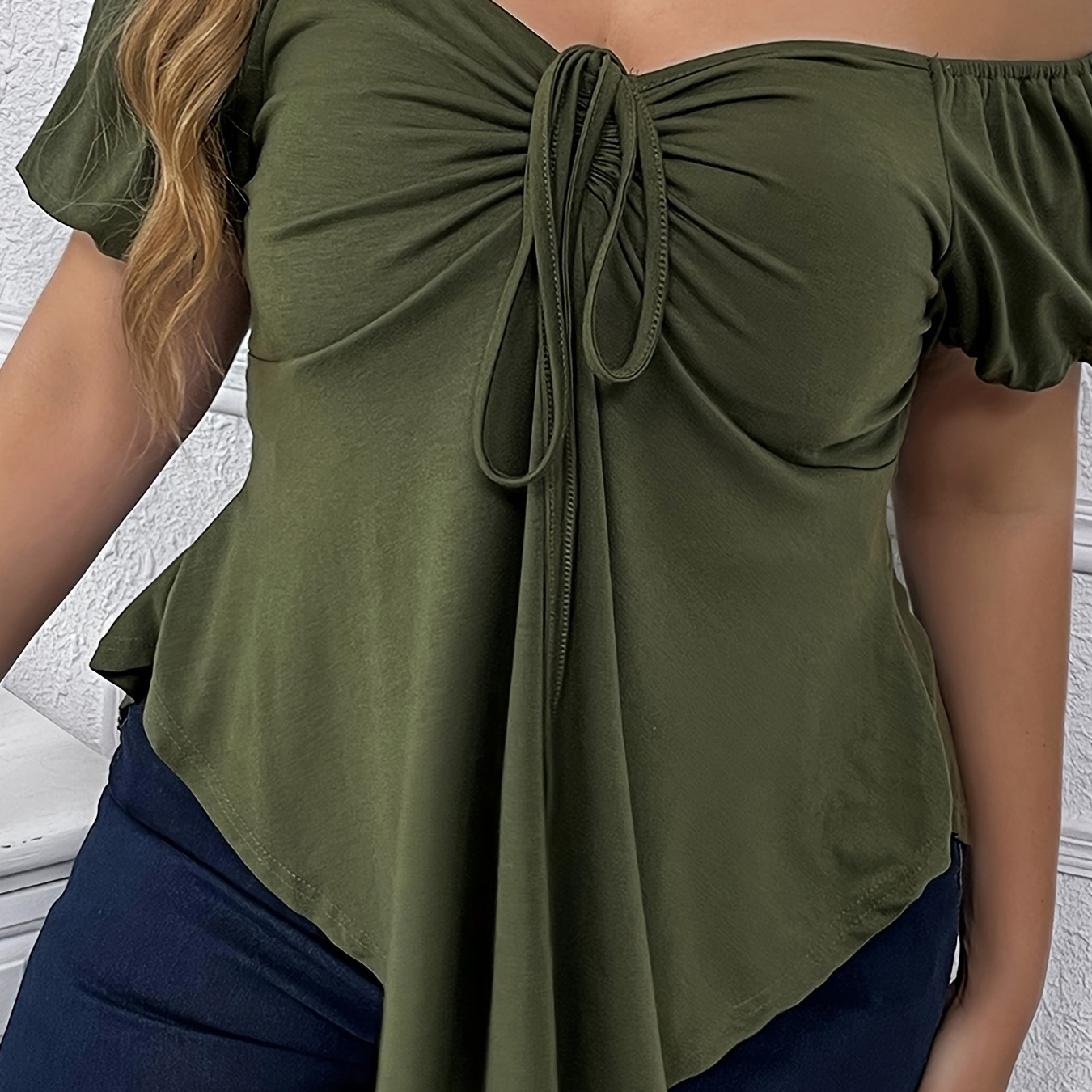 Plus Size Off Shoulder Drawstring Shirred T-shirt, Women's Plus Sligh Stretch Casual Tee