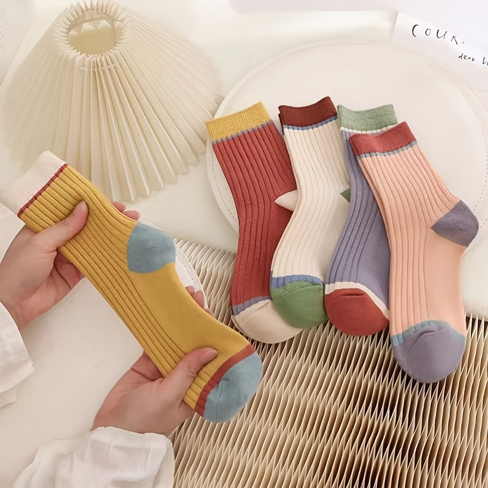 

5 Pairs Classic Colorblock Socks, Sweet All-match Mid Tube Socks, Women's Stockings & Hosiery