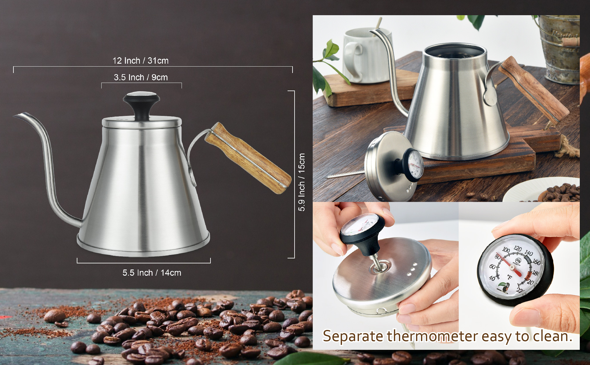 1pc pour over coffee kettle with stainless steel neck coffee pot with wood handle pour over coffee maker pot pour over kettle with coffee pot with wood handle details 3
