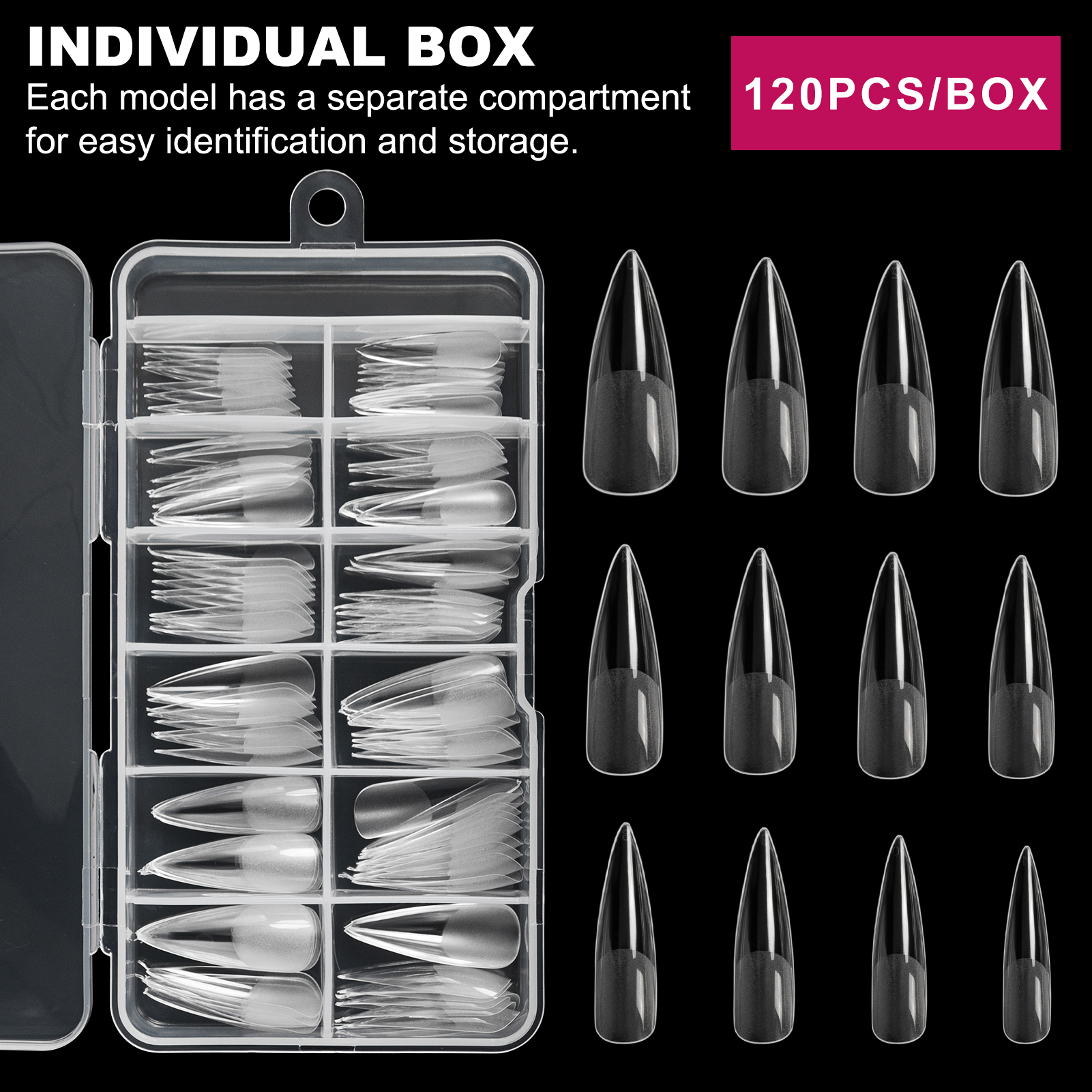 Nail Art Semi-matte Long Stiletto Nails, 120pcs In Transparent Box