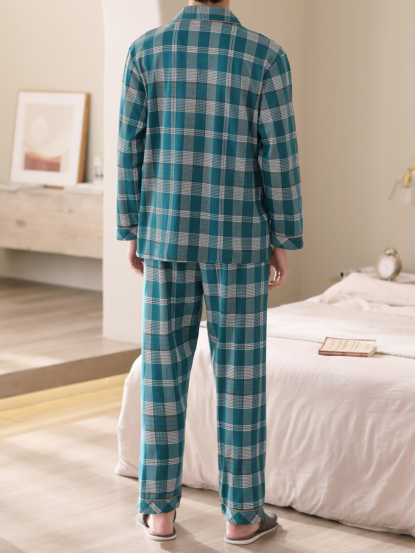 Conjunto de pijama de ropa de dormir de algodón para hombre, camisa y  pantalones con botones a cuadros, ropa de salón para hombre