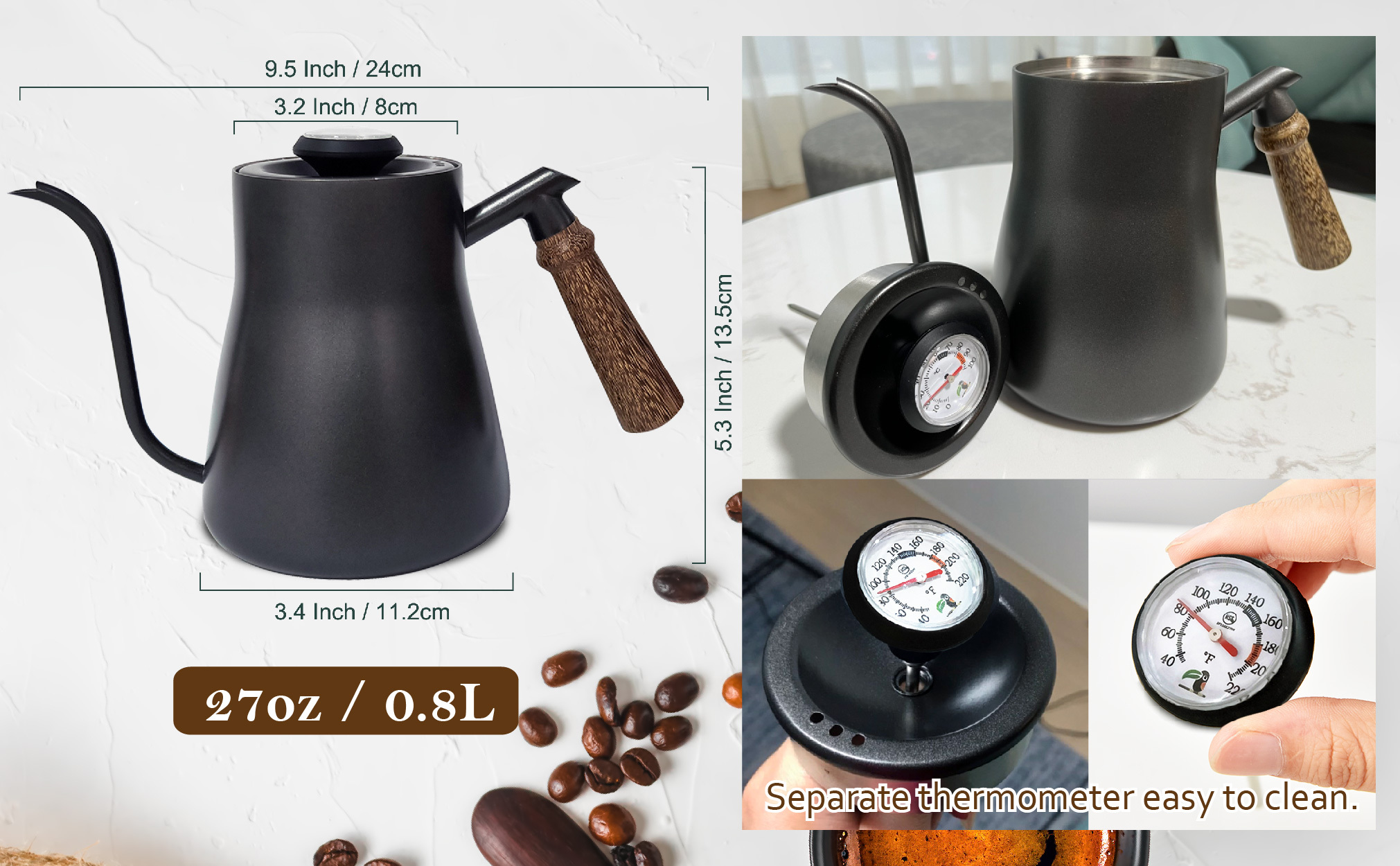 1pc pour over coffee kettle with stainless steel neck coffee pot with wood handle pour over coffee maker pot pour over kettle with coffee pot with wood handle details 5